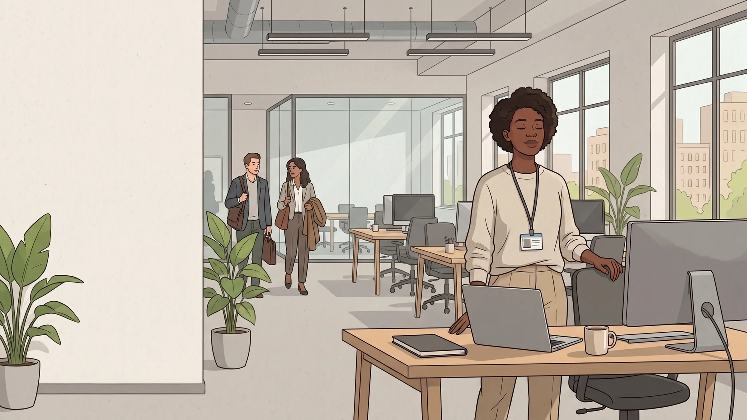 Illustration : dans un plateau de bureaux lumineux, une femme se tient debout à son poste, les yeux fermés, et prend une respiration.