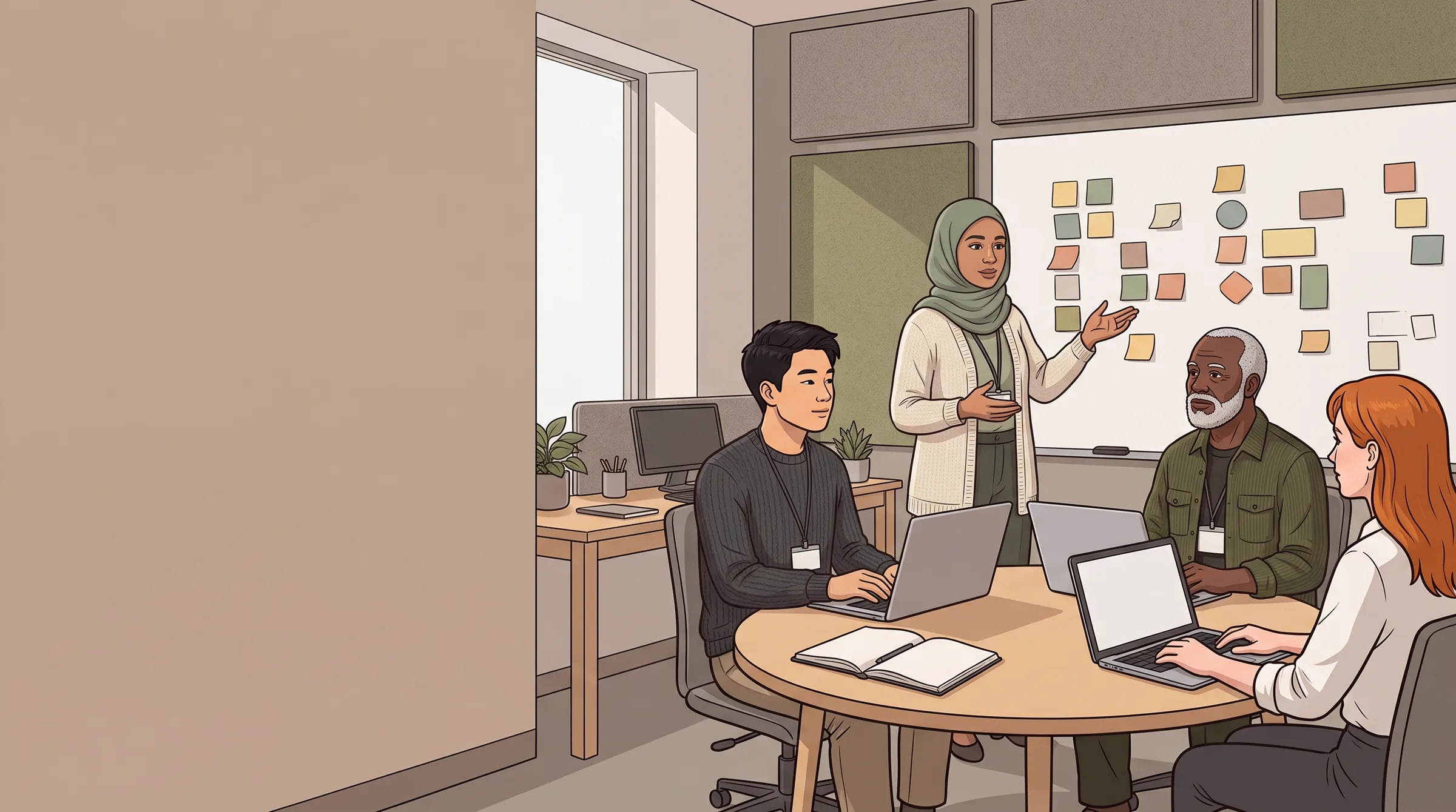 Illustration : un atelier en salle de réunion, une animatrice au tableau et trois collègues autour d'une table.