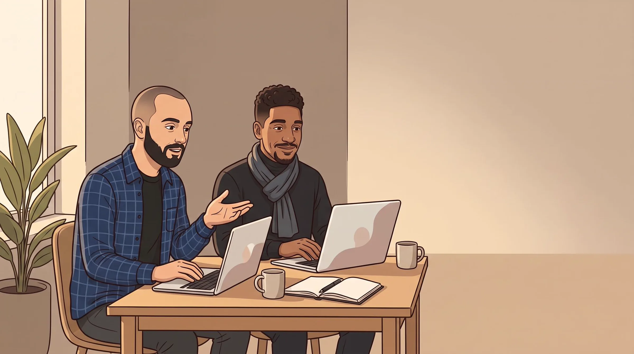 Illustration : Jonathan et Francesco discutent ensemble, ordinateurs portables ouverts, autour d'une table en bois éclairée par la lumière du jour.