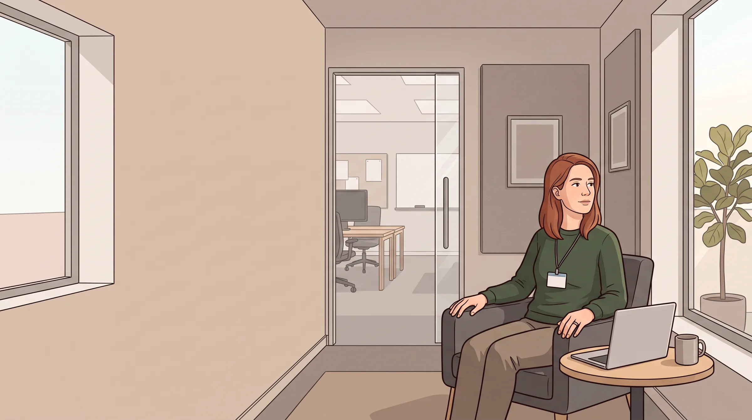 Illustration : dans une petite salle calme de l'entreprise, une femme assise dans un fauteuil regarde par la fenêtre.